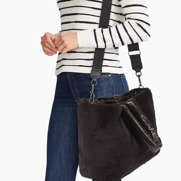 Think Rolyn Duplex Reversible Faux Fur Tote Travel Shoulder Work Gym Bag Brown - Picture 3 of 13